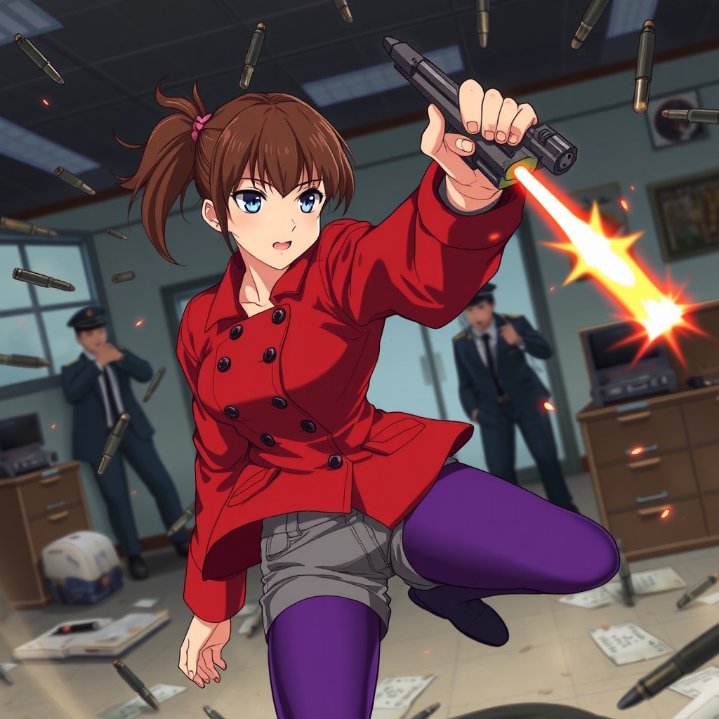 An anime slightly brunette woman in an intense battle scene, wearing a closed red jacket featuring distinctive buttons