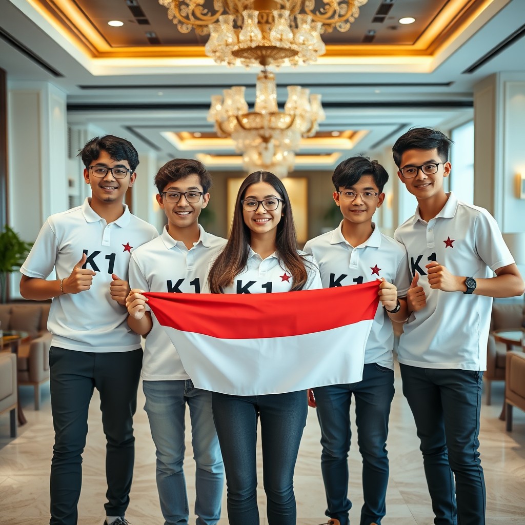 A group of 5 teenagers, featuring 4 boys and 1 beautiful girl with fair skin wearing stylish glasses