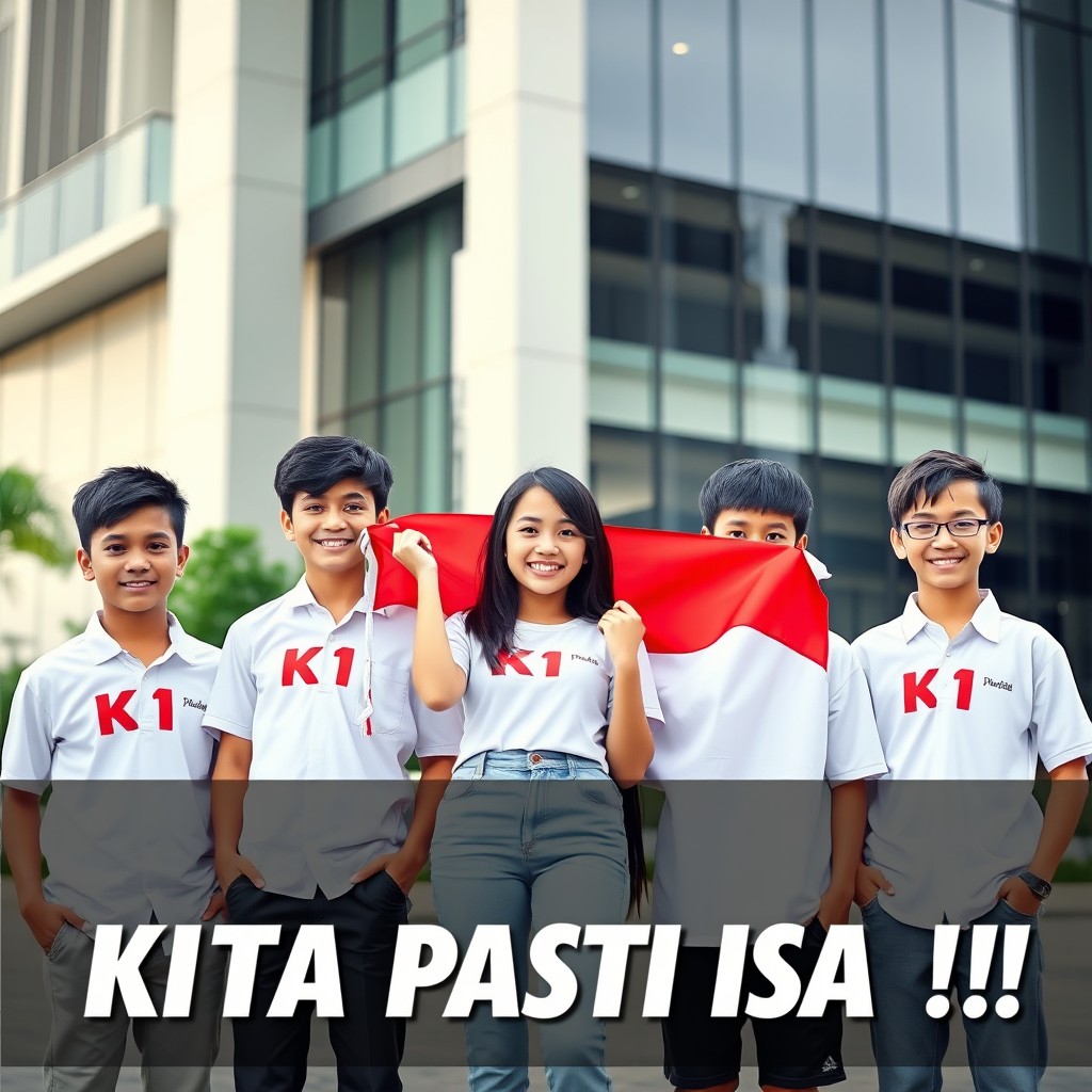 A vibrant image featuring five teenagers, consisting of four boys and one beautiful Caucasian girl, all wearing white shirts with the text 'K1' prominently displayed on their outfits