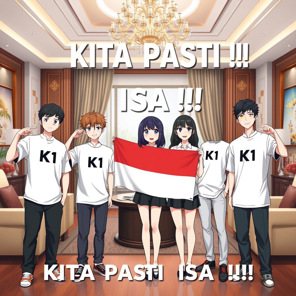 Five anime teenagers, four boys and one girl, all wearing white shirts with the text 'K1' printed on them
