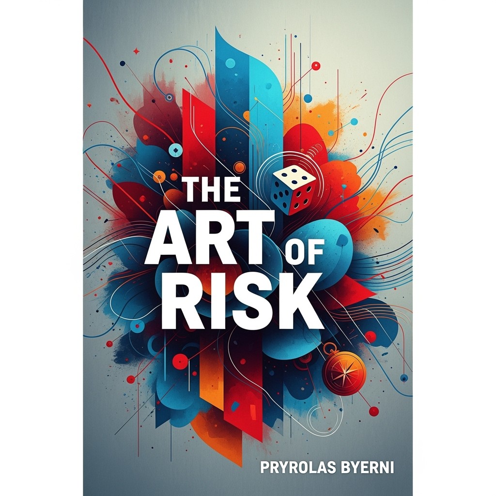 A captivating book cover design for 'The Art of Risk', featuring a blend of abstract geometric shapes and flowing lines to symbolize strategy and unpredictability