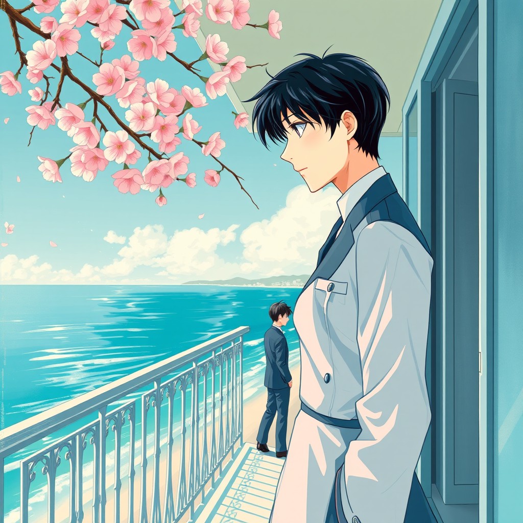 A beautiful book cover depicting a 19-year-old Japanese hotel employee in a crisp uniform standing on a balcony of an elegant Osaka coastal hotel