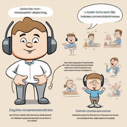 Fun, detailed cartoon illustrating specific actions for preserving hearing health, including cartoon characters wearing noise-cancelling headphones, turning down volume, and visiting the audiologist, enhanced with instructional text.