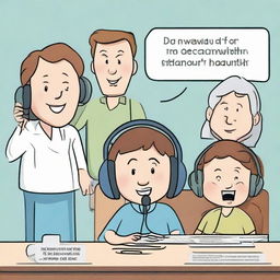 Fun, detailed cartoon illustrating specific actions for preserving hearing health, including cartoon characters wearing noise-cancelling headphones, turning down volume, and visiting the audiologist, enhanced with instructional text.