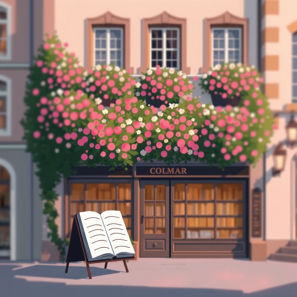 A stylized illustration of a flower-adorned facade resembling Colmar, softly blurred with a pastel filter to create a dreamy atmosphere