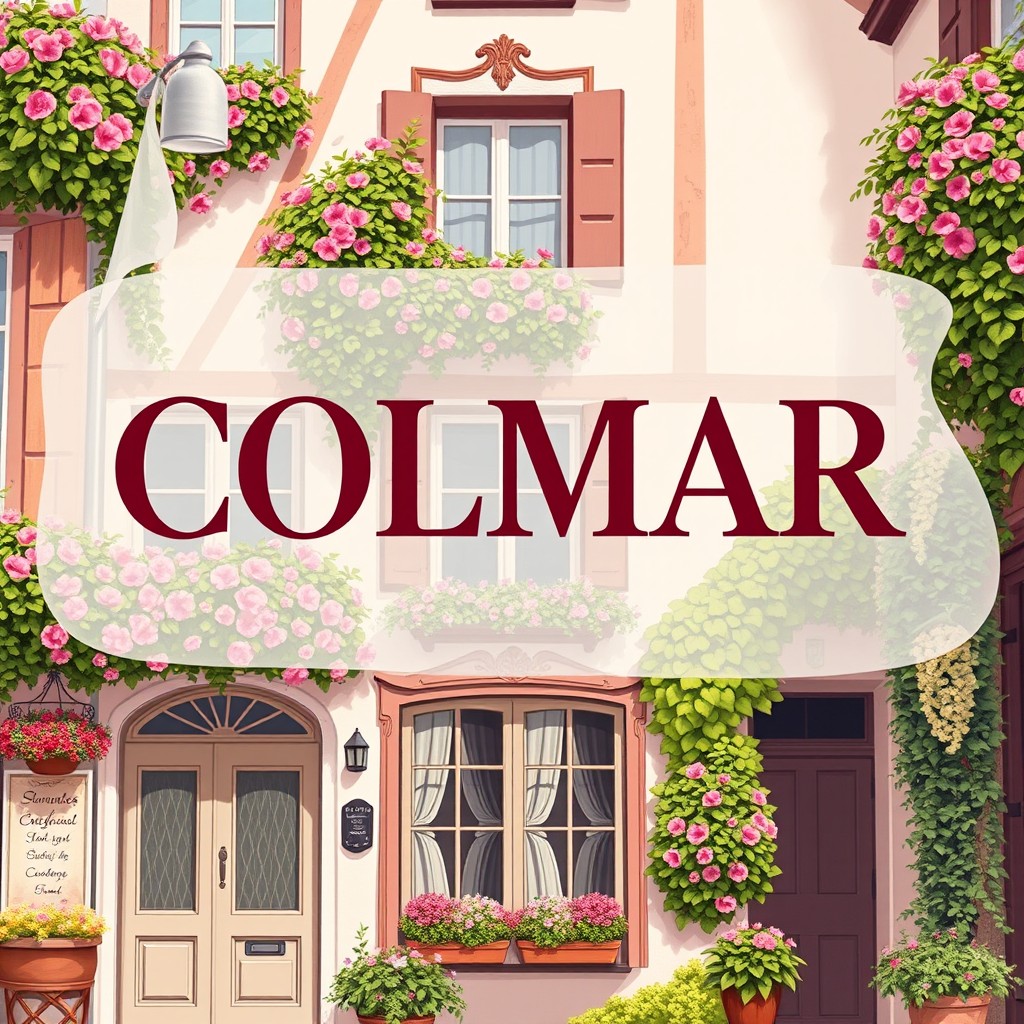 A stylized illustration of a charming facade reminiscent of Colmar, adorned with vibrant flowers