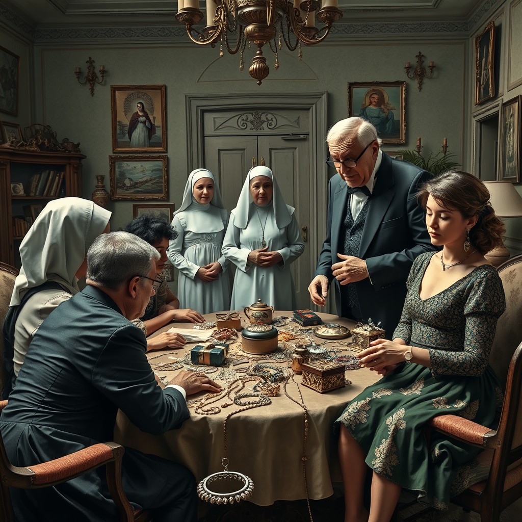 A dramatic scene depicting a dysfunctional family in disarray, yearning for the inheritance of Aunt Roseta's jewels