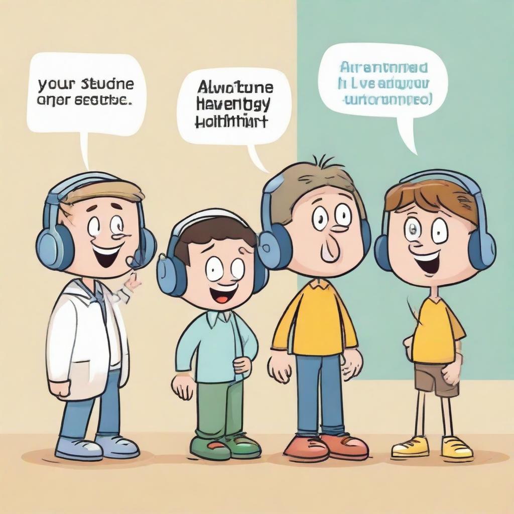 Fun, detailed cartoon illustrating specific actions for preserving hearing health, including cartoon characters wearing noise-cancelling headphones, turning down volume, and visiting the audiologist, enhanced with instructional text.