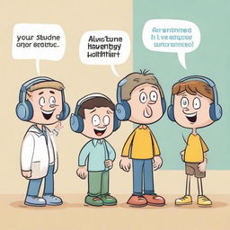 Fun, detailed cartoon illustrating specific actions for preserving hearing health, including cartoon characters wearing noise-cancelling headphones, turning down volume, and visiting the audiologist, enhanced with instructional text.