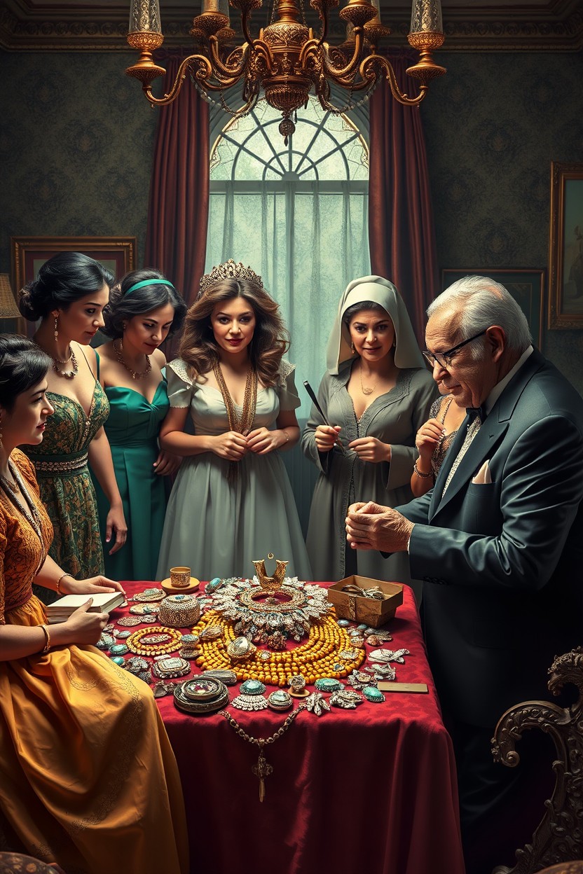 An intriguing scene of a desperate, dysfunctional family scheming around a luxurious display of jewels from the late Aunt Roseta