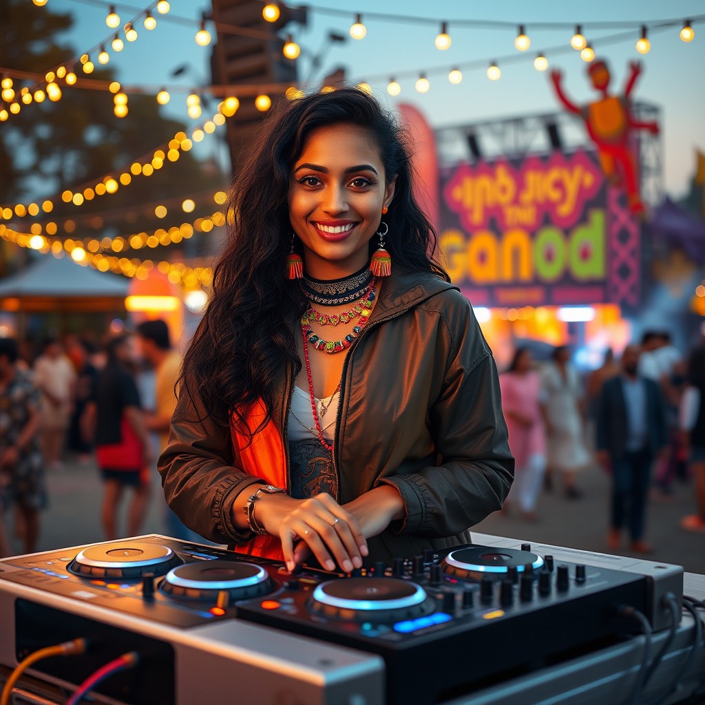 A vibrant female Indian DJ with light skin and long, curly black hair, adorned with colorful traditional Indian jewelry, stands confidently behind a sleek, futuristic DJ console at a bustling outdoor festival scene at dusk