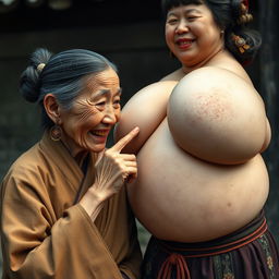 In a medieval Chinese village, an elderly Indonesian woman, very petite and malnourished with rotten teeth, is portrayed wearing a long, fully-closed Buddhist robe