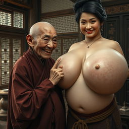 Inside a medieval house of the Tang dynasty, an elderly Indonesian woman, notably short and emaciated with decayed teeth, is depicted wearing a long, fully closed Buddhist cloak