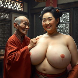 Inside a medieval house of the Tang dynasty, an elderly Indonesian woman, notably short and emaciated with decayed teeth, is depicted wearing a long, fully closed Buddhist cloak