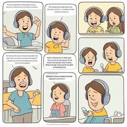 Fun, detailed cartoon illustrating specific actions for preserving hearing health, including cartoon characters wearing noise-cancelling headphones, turning down volume, and visiting the audiologist, enhanced with instructional text.