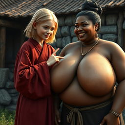 In a medieval village, a young, very short and undernourished blonde woman is depicted wearing a long, fully closed Buddhist robe, with her medium-length blonde hair parted in the middle