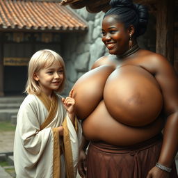 In a medieval village, a young, very short and undernourished blonde woman is depicted wearing a long, fully closed Buddhist robe, with her medium-length blonde hair parted in the middle