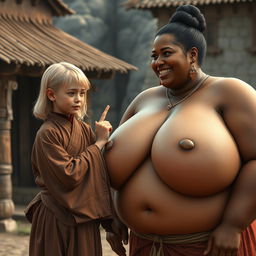 In a medieval village, a young, very short and undernourished blonde woman is depicted wearing a long, fully closed Buddhist robe, with her medium-length blonde hair parted in the middle