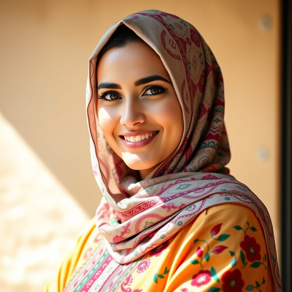 A portrait of a beautiful Arab woman wearing a colorful hijab adorned with intricate patterns