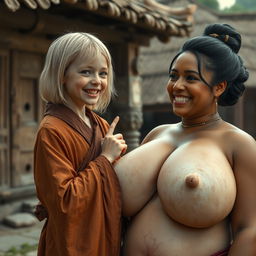 In a medieval village, a young, very short and undernourished blonde woman with decayed teeth is depicted wearing a long, fully closed Buddhist robe