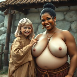 In a medieval village, a young, very short and undernourished blonde woman with decayed teeth is depicted wearing a long, fully closed Buddhist robe