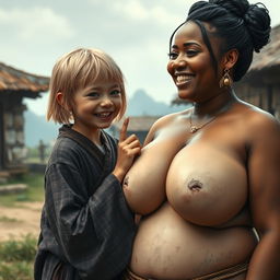 In a medieval village, a young, very short and undernourished blonde woman with decayed teeth is depicted wearing a long, fully closed Buddhist robe