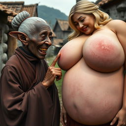 In a poor medieval village, an elderly black woman, very short and undernourished with dark skin and elf-like ears, reveals her rotten teeth while wearing a long, fully-closed Buddhist robe