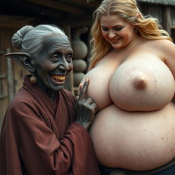 In a poor medieval village, an elderly black woman, very short and undernourished with dark skin and elf-like ears, displays her rotten teeth as she wears a long, fully-closed Buddhist robe