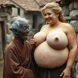 In a poor medieval village, an elderly black woman, very short and undernourished with dark skin and elf-like ears, displays her rotten teeth as she wears a long, fully-closed Buddhist robe