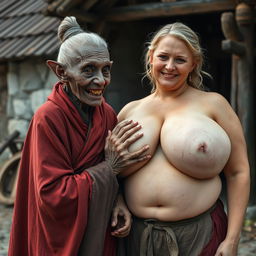 In a medieval village, an elderly black woman, notably short and emaciated with rotten teeth and pointed ears resembling those of a sprite, is dressed in a long, completely closed Buddhist cloak
