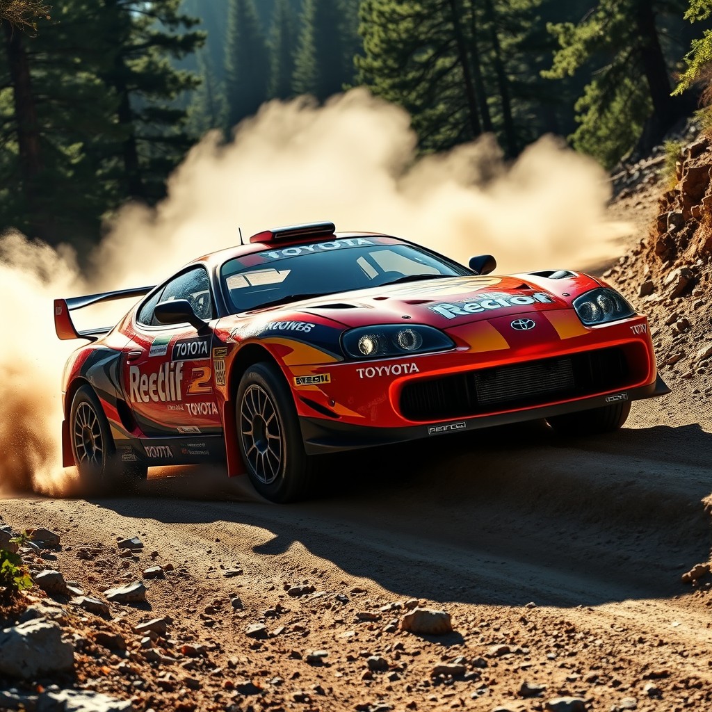 A dynamic scene featuring a Toyota Supra MK5 rally car, with an aggressive stance, bright racing decals, and a vibrant paint job that showcases its sleek curves