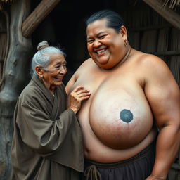 In a medieval Indonesian village, an elderly Indonesian woman, notably short and emaciated with rotten teeth, is dressed in a long, fully closed Buddhist robe