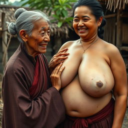 In a medieval Indonesian village, an elderly Indonesian woman, notably short and emaciated with rotten teeth, is dressed in a long, fully closed Buddhist robe