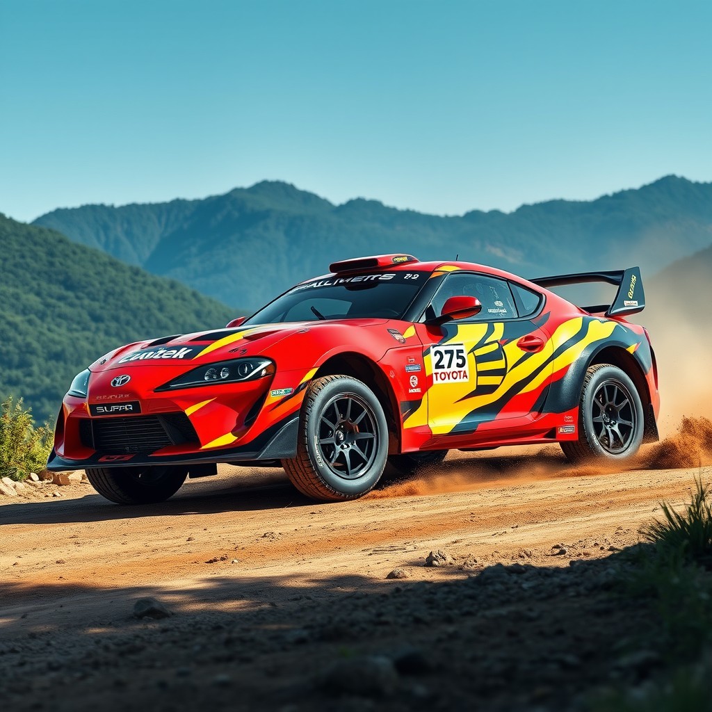 An imaginative depiction of a Toyota Supra MK5 transformed into a stunning rally car