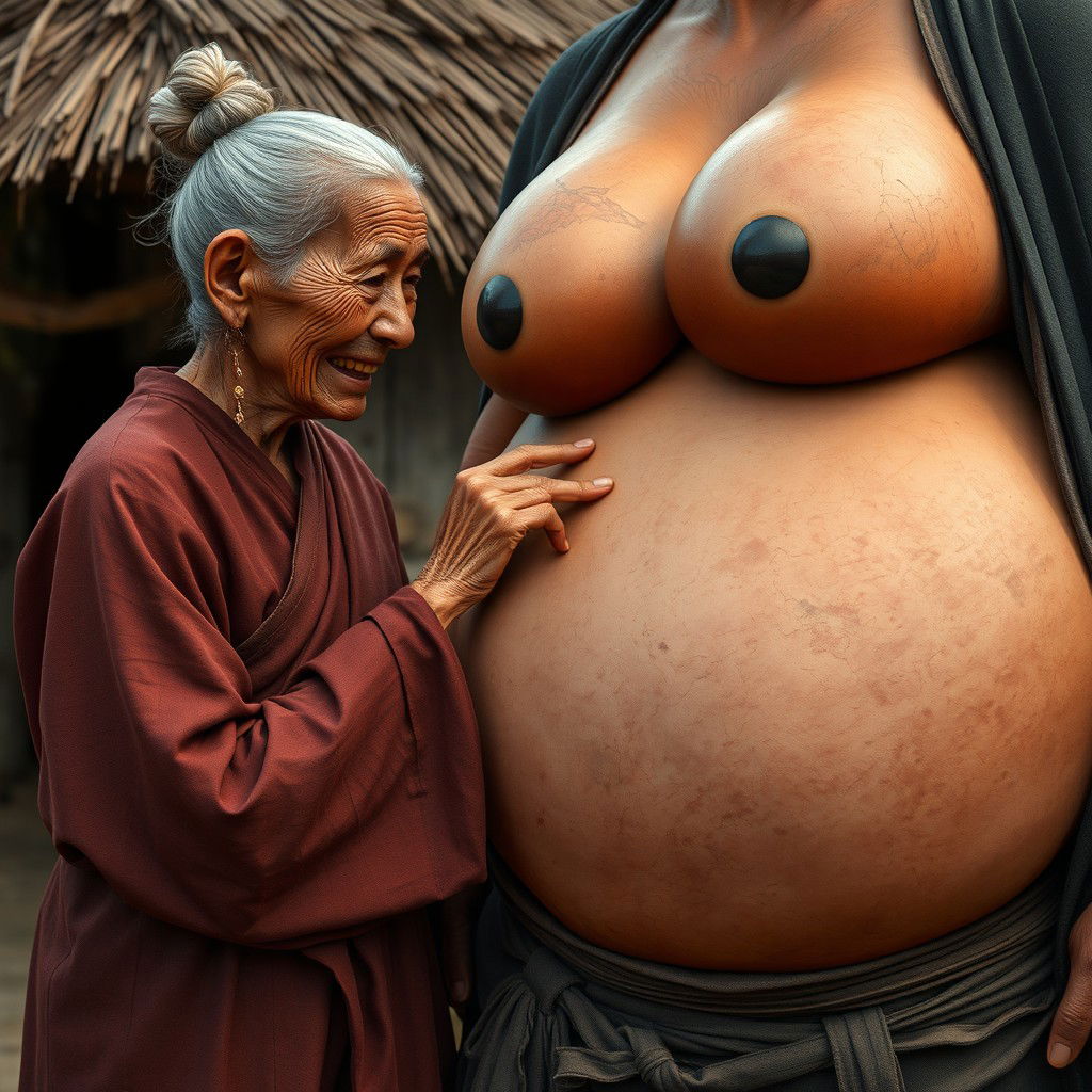 In a medieval Indonesian village, an elderly Indonesian woman, notably short and emaciated with rotten teeth, is dressed in a long, fully closed Buddhist robe