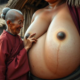 In a medieval Indonesian village, an elderly Indonesian woman, notably short and emaciated with rotten teeth, is dressed in a long, fully closed Buddhist robe