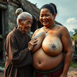 In a medieval Indonesian village, an elderly Indonesian woman, notably short and emaciated with rotten teeth, is dressed in a long, fully closed Buddhist robe