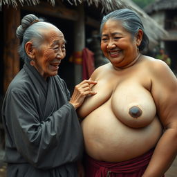 In a medieval Indonesian village, an elderly Indonesian woman, notably short and emaciated with rotten teeth, is dressed in a long, fully closed Buddhist robe