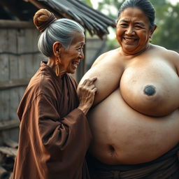 In a medieval Indonesian village, an elderly Indonesian woman, notably short and emaciated with rotten teeth, is dressed in a long, fully closed Buddhist robe