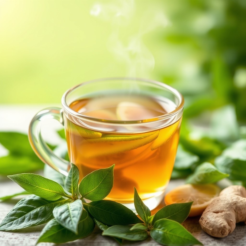 A close-up photo of a herbal tea infusion in a clear glass cup, surrounded by fresh green leaves