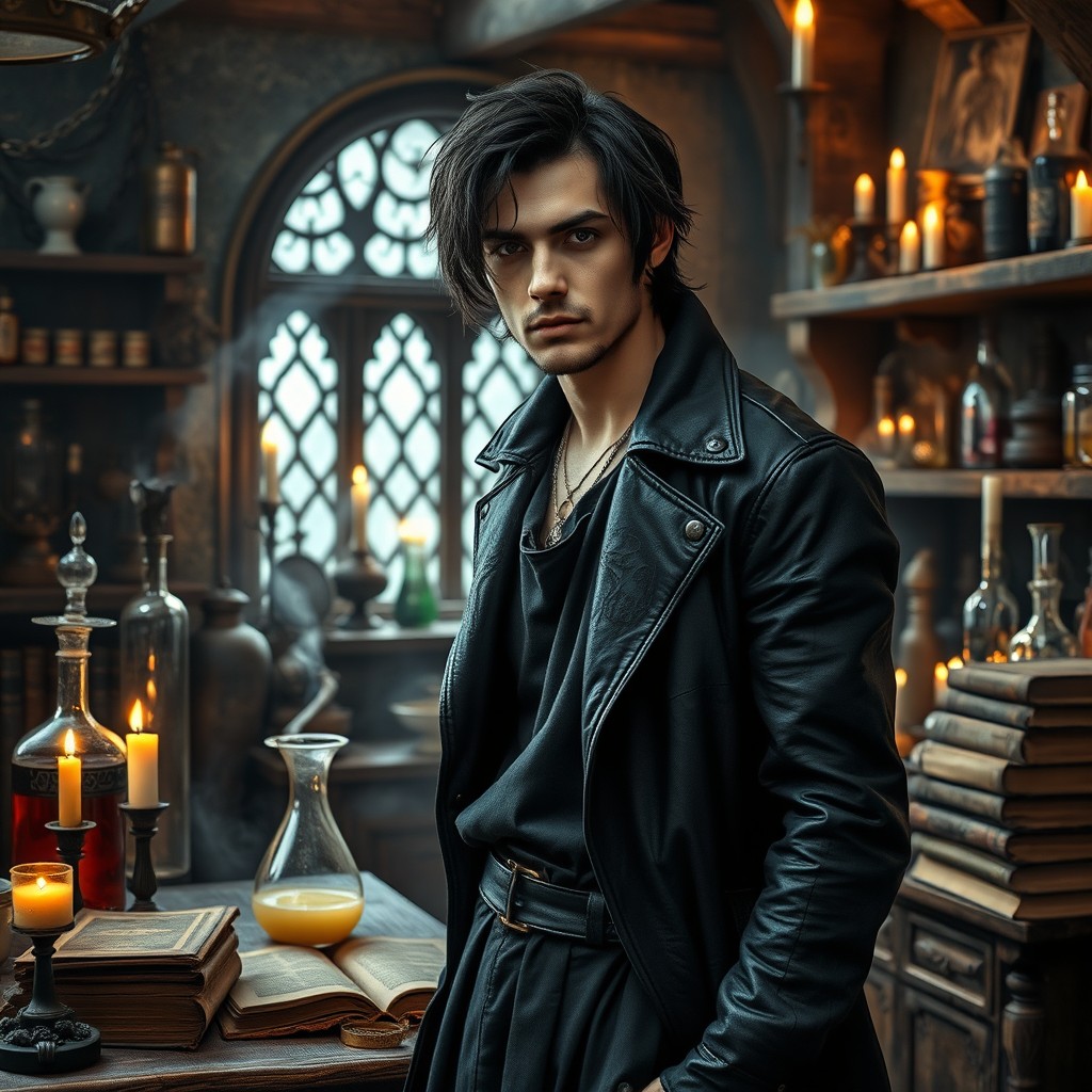 A vampiric, light-skinned man with tousled, mid-length black hair, wearing a stylish black leather coat over a black tunic, stands in a medieval alchemist's laboratory