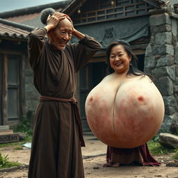 In a medieval Tang Dynasty village, an elderly Indonesian woman, short and emaciated with rotten teeth, wearing a long, fully closed Buddhist robe, her hair styled in a bun and adorned with medieval earrings, stands with her hands on her head, astonished at the enormous breasts of a Japanese woman, described as having the biggest breasts in the world, prominently inflated, disproportionate, larger than her head, with visible veins and entirely pink nipples