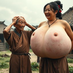 In a medieval Tang Dynasty village, an elderly Indonesian woman, short and emaciated with rotten teeth, wearing a long, fully closed Buddhist robe, her hair styled in a bun and adorned with medieval earrings, stands with her hands on her head, astonished at the enormous breasts of a Japanese woman, described as having the biggest breasts in the world, prominently inflated, disproportionate, larger than her head, with visible veins and entirely pink nipples