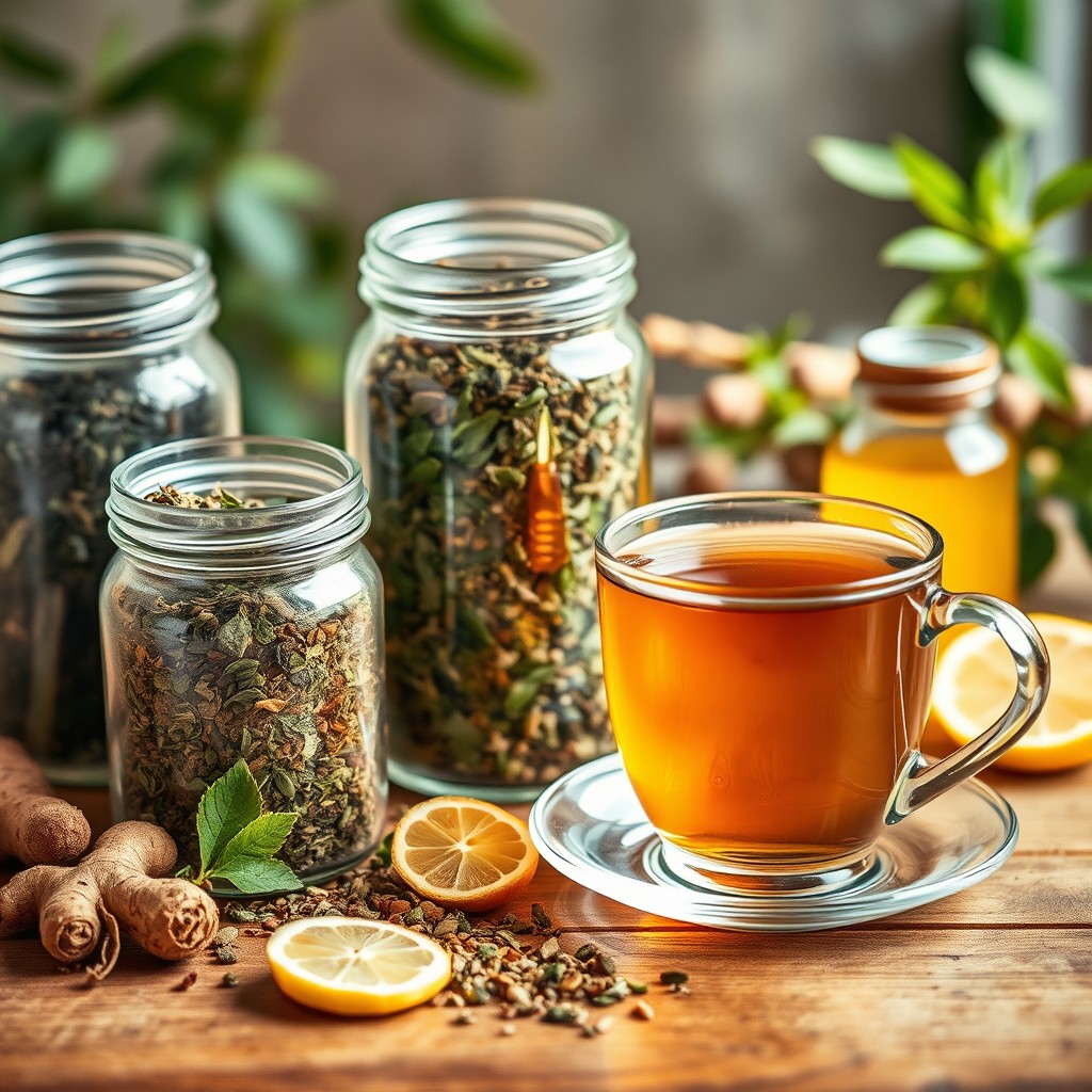 A serene and inviting scene featuring a selection of herbal tea blends in clear glass jars, showcasing various dry herbs and leaves
