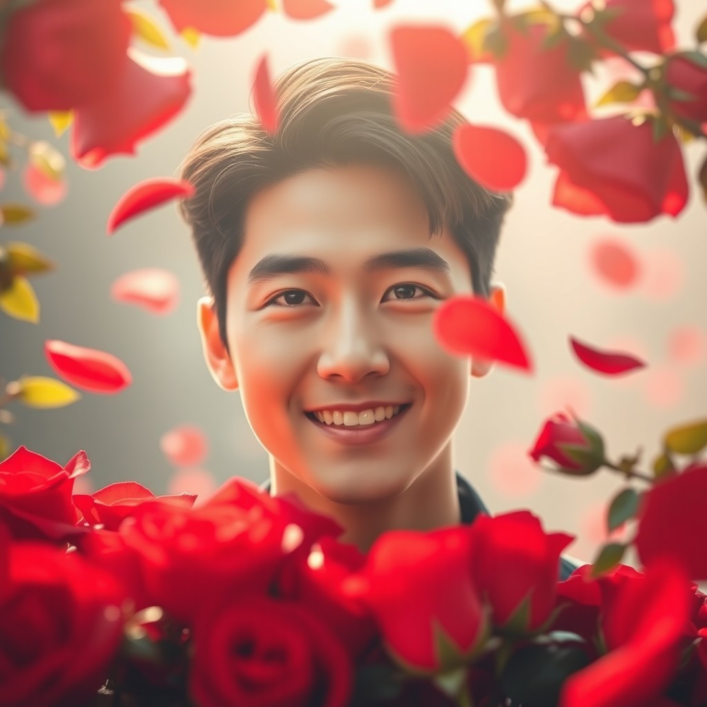 An artistic representation of Lee Min Ho surrounded by vibrant red roses, showcasing a romantic and dreamy atmosphere