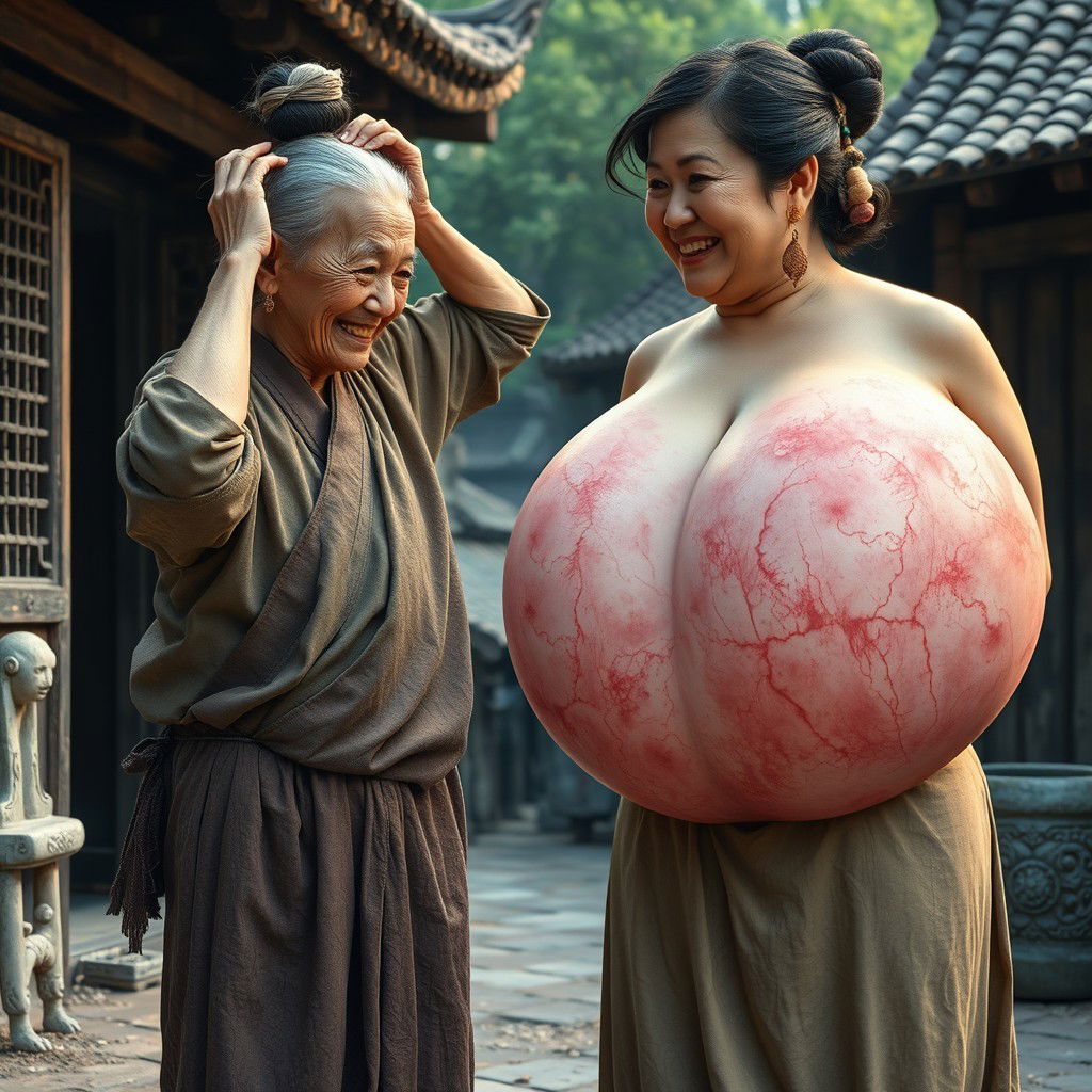 In a Tang Dynasty medieval village, an elderly Indonesian woman, short and emaciated with rotten teeth, wearing a long, fully closed Buddhist robe, her hair styled in a bun and adorned with medieval earrings, stands with her hands on her head, astonished by the enormous breasts of a Japanese woman