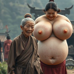 In a Tang Dynasty medieval village, an elderly Indonesian woman, short and emaciated with rotten teeth, wearing a long, fully closed Buddhist robe, her hair styled in a bun and adorned with medieval earrings, stands with her hands on her head, astonished by the enormous breasts of a Japanese woman