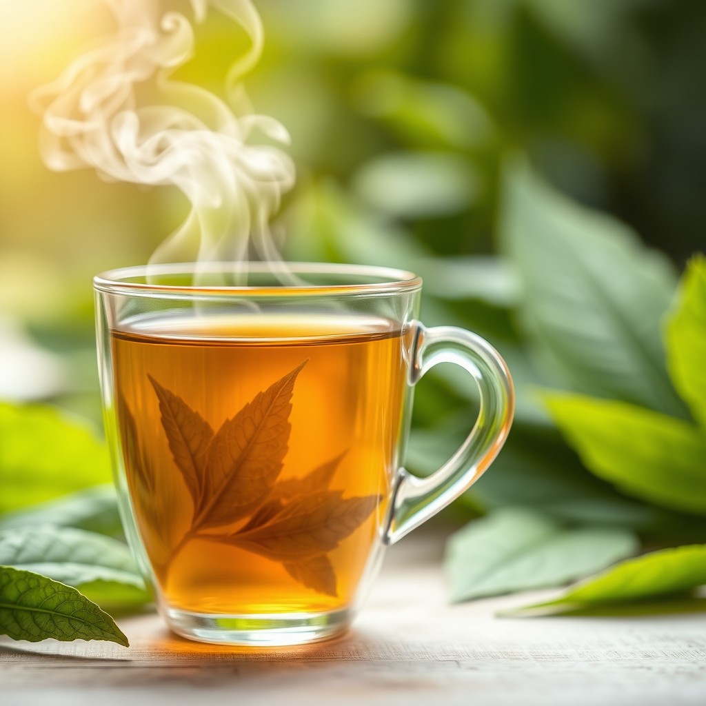 A beautiful close-up image of a steaming herbal tea infusion in a clear glass cup, showcasing the vibrant colors of the tea against a backdrop of fresh green leaves