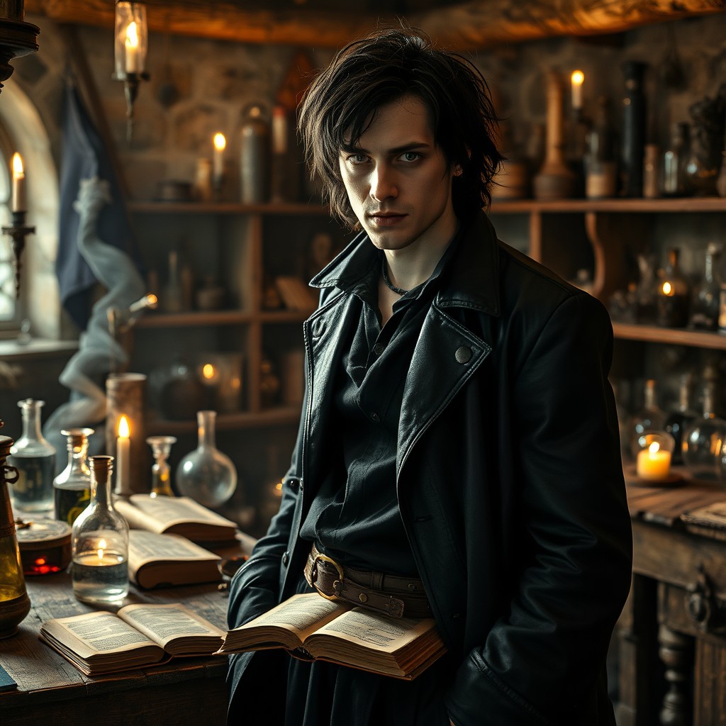 A vampiric, very light-skinned man with tousled, mid-length black hair, dressed in a stylish black leather coat over a black tunic, stands in a medieval alchemist's laboratory
