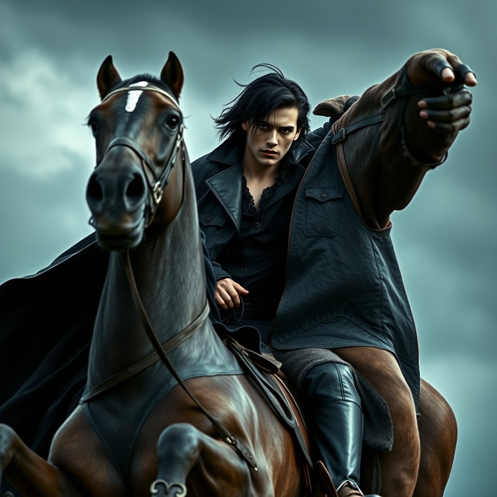 A vampiric, very light-skinned man with tousled, mid-length black hair, dressed in an elegant black leather coat and a black tunic, is riding a majestic horse that is rearing up dramatically